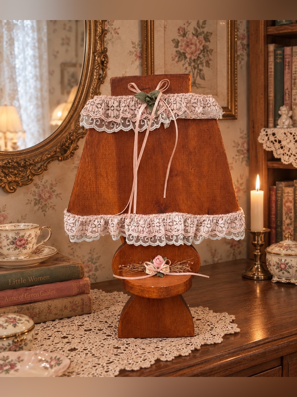Vintage Wooden Lamp Country Farmhouse Wood Lace Pink Ribbon Accent Wall Decor